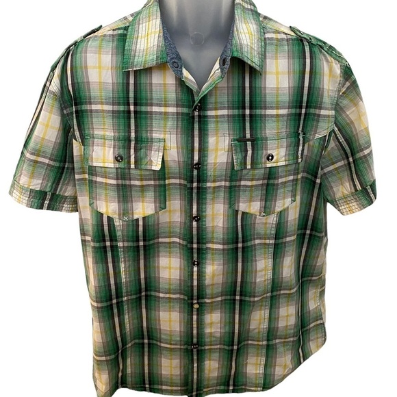 ECKO UNLTD Green & Yellow Plaid Short Sleeve Collared Shirt Men XL - Picture 1 of 8